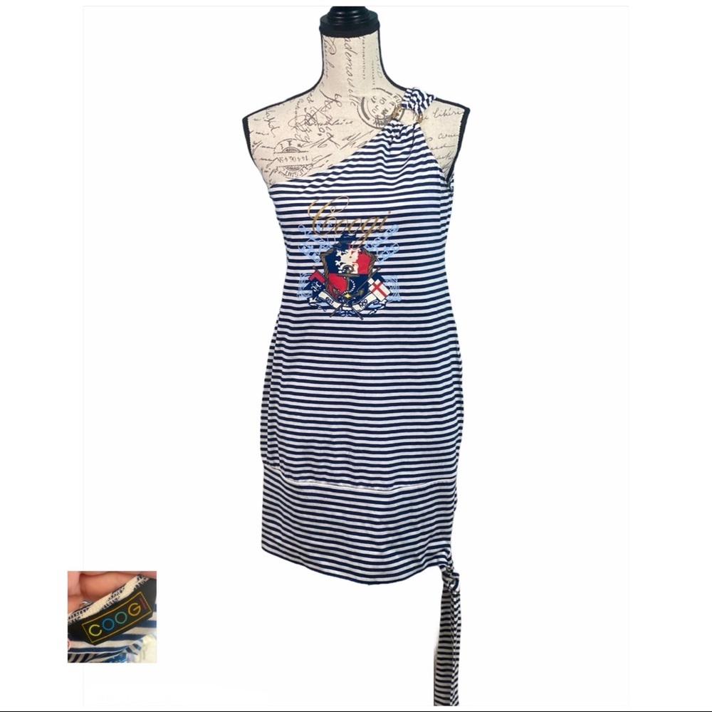 Coogi Navy Striped One Shoulder Tie Hem Tunic